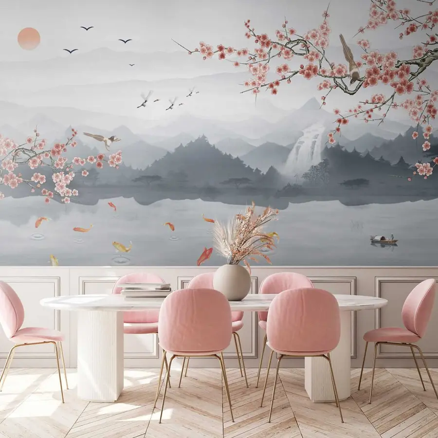 Fototapetes Sakura uz ezera un kalnu fona u28840