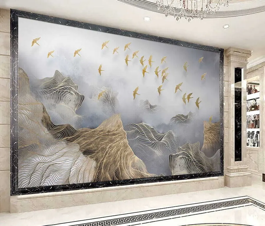 Fototapetes No plānām līnijām ir izveidota brīnišķīga ainava ar kalniem un putniem u44870