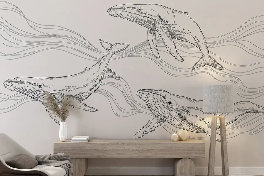 Fototapetes Vaļi okeānā, jūras dzīvnieki, line art, minimālisms, melnbaltas krāsas u99733v4