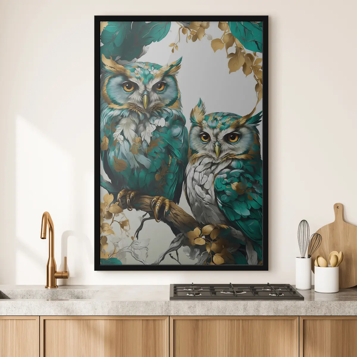 Plakāts Divas zaļas pūces lapās f37569