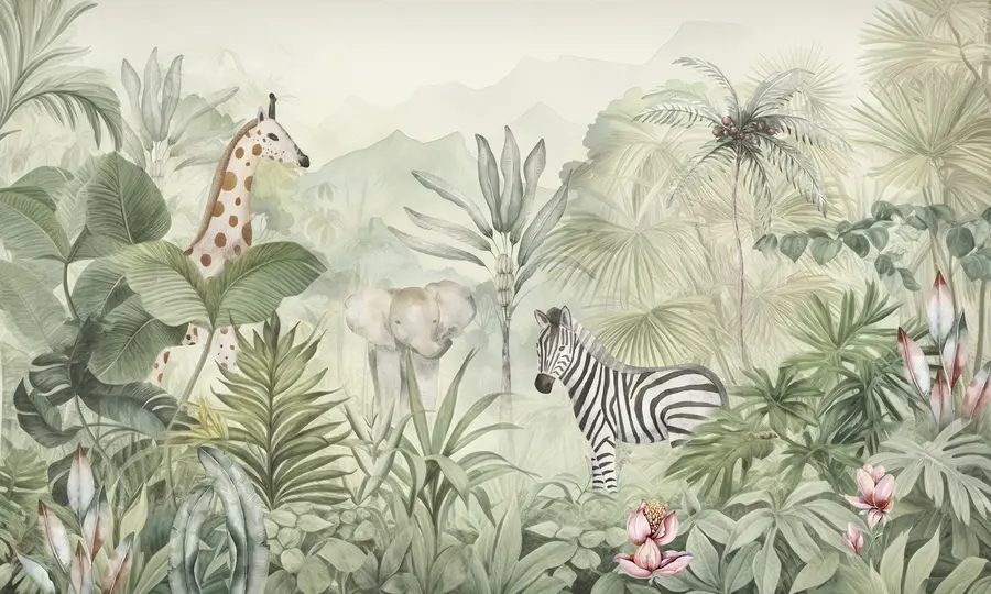 Fototapetes Džungļu mežs, palmas, žirafe, zilonis, zebru, akvarelis, zaļumi, banānu koks, ziedi w00089