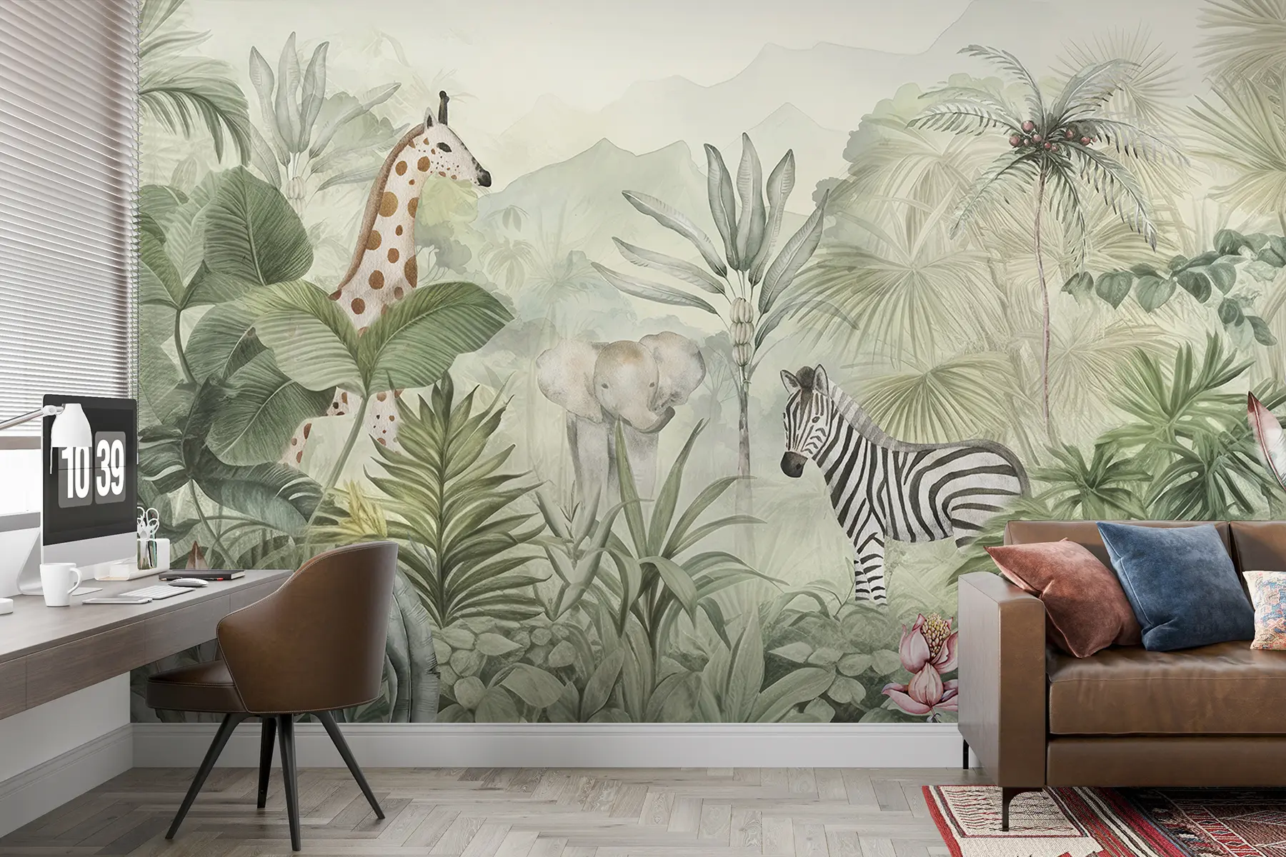Fototapetes Džungļu mežs, palmas, žirafe, zilonis, zebru, akvarelis, zaļumi, banānu koks, ziedi w00089