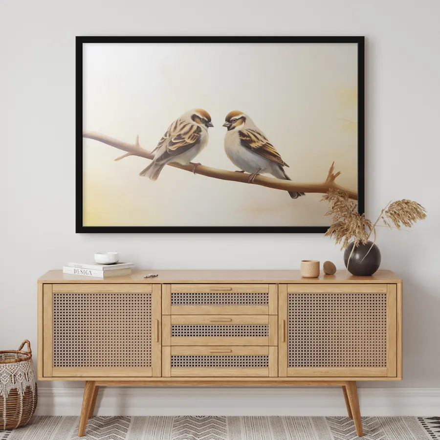 Fototapetes Divi zvirbuļi uz zara kopā f37393