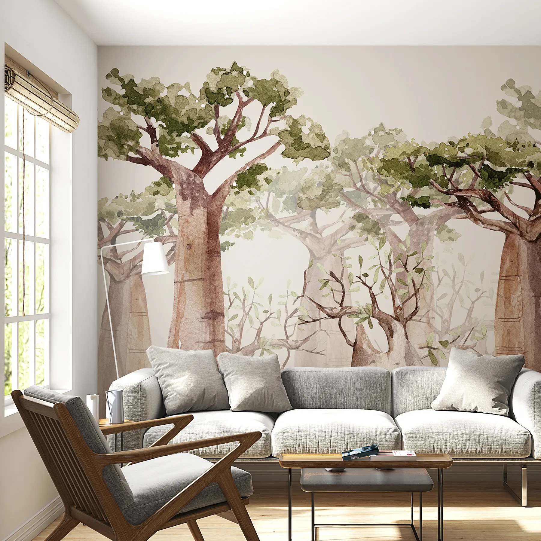 Fototapetes Baobaba koks, safari tēma, mežs, bēša un zaļa krāsa w00082