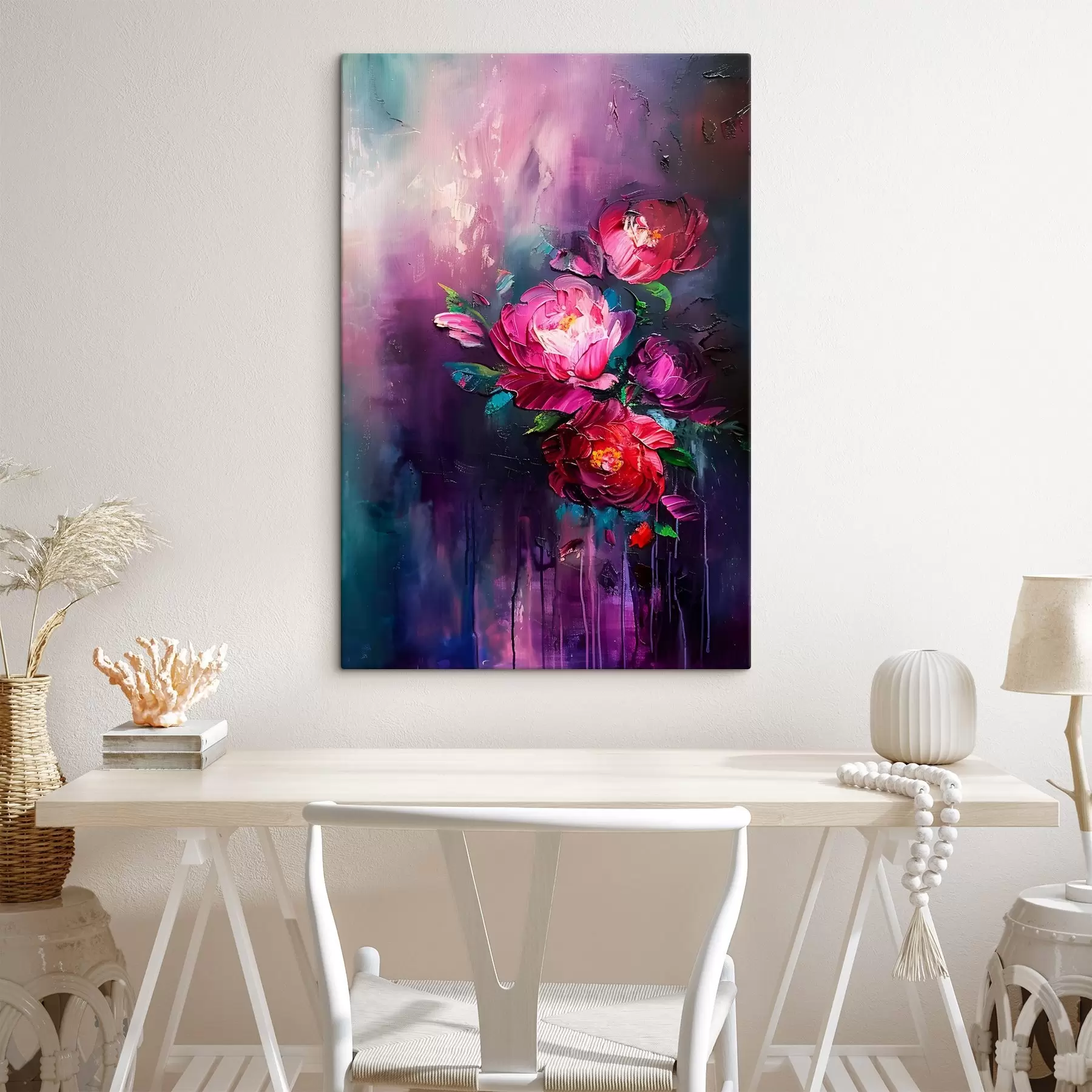 Fototapetes Gleznojot rozes, ziedošus ziedus eļļas gleznas stilā, uz tumši violeta fona  s38108