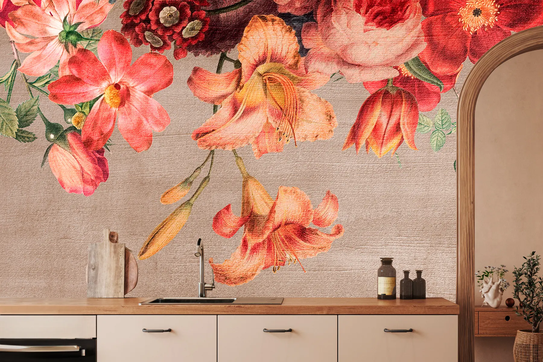 Fototapetes Botāniska ilustrācija, ziedu pušķis klusā daba uz brūna fona  w00427