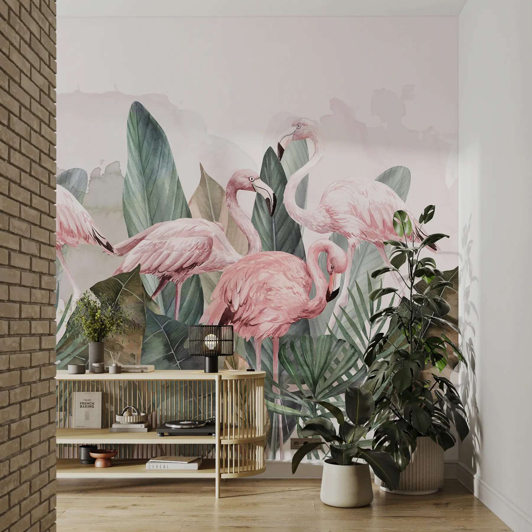 Fototapetes Flamingo tropu lapās, akvarelis, rozā un olīvu krāsās w00505v1