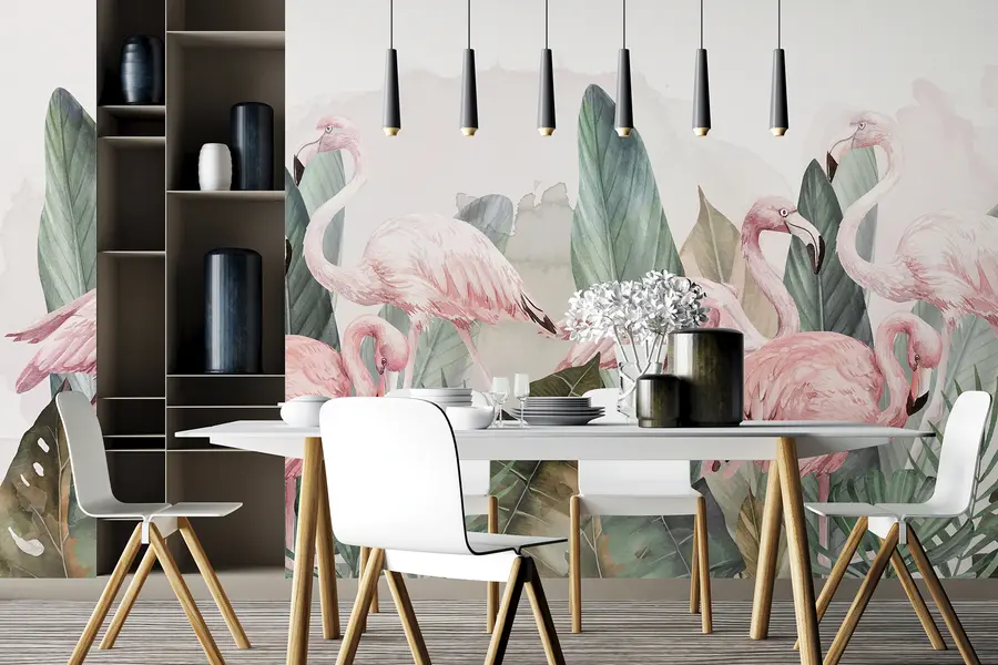 Fototapetes Flamingo tropu lapās, akvarelis, rozā un olīvu krāsās w00505v1