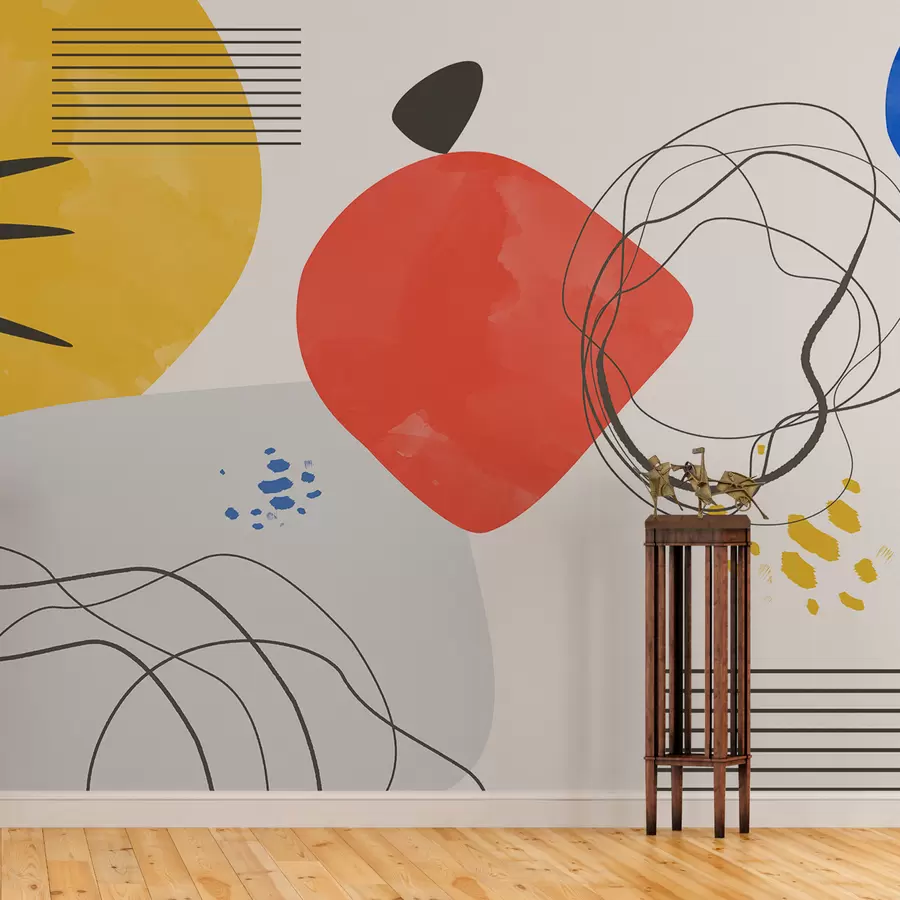 Fototapetes Abstrakcija moderns, spilgts plankums, boho, ģeometrija, topogrāfija, līknes, līnijas, sarkans, dzeltens, zils, melns w00514