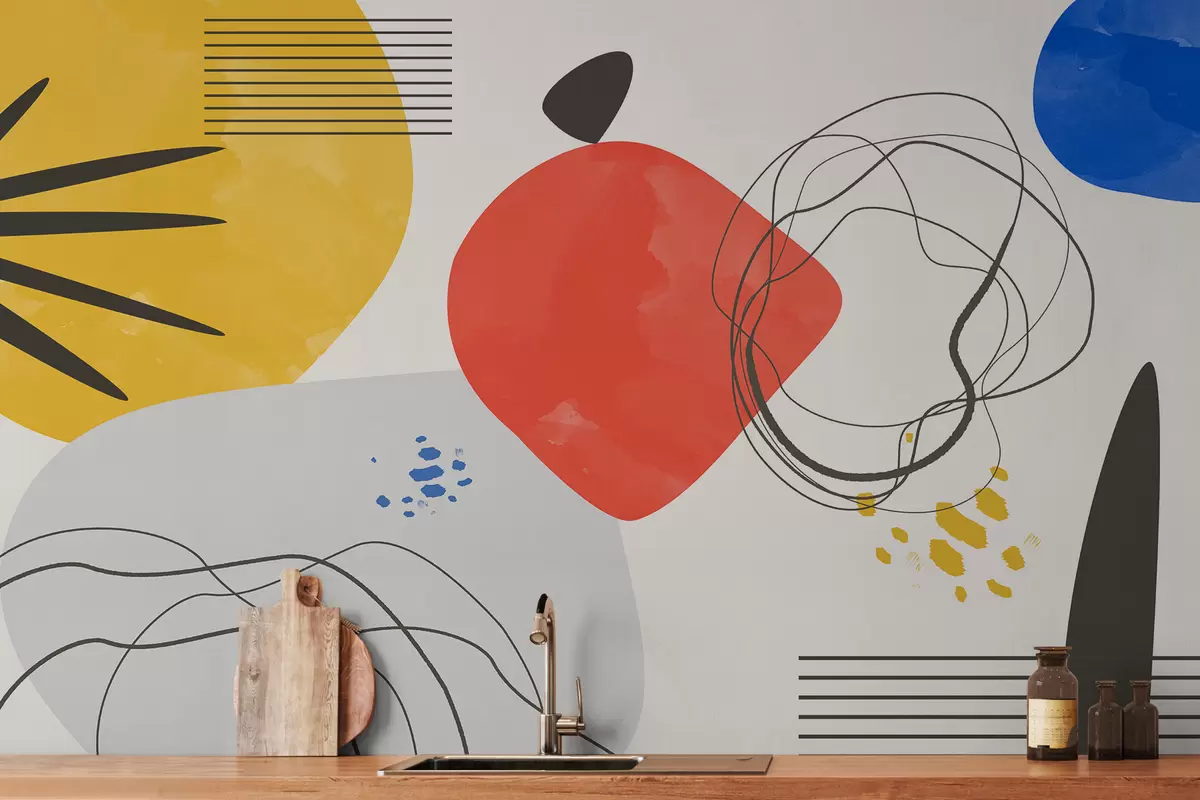 Fototapetes Abstrakcija moderns, spilgts plankums, boho, ģeometrija, topogrāfija, līknes, līnijas, sarkans, dzeltens, zils, melns w00514