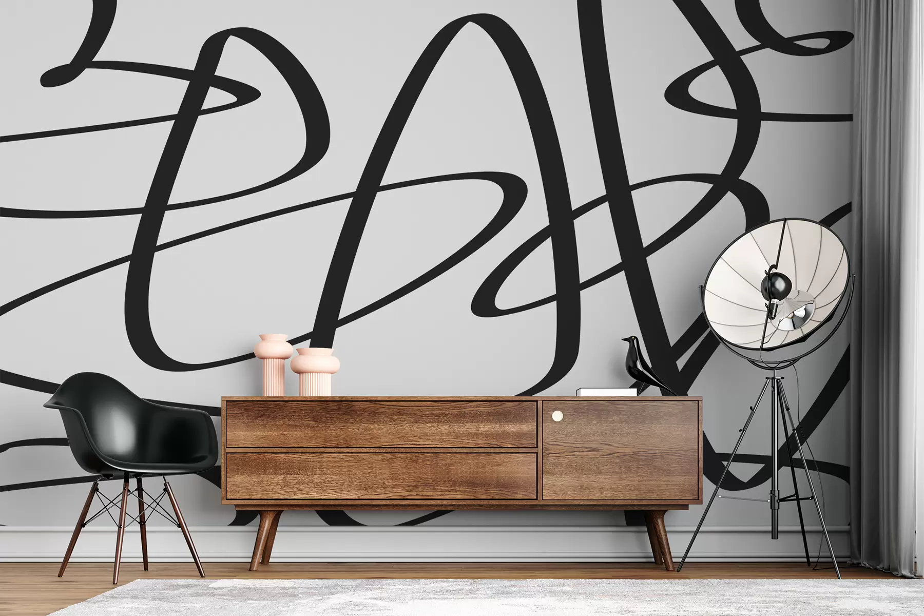 Fototapetes Melna līkne, nepārtraukta, savīta līnija, tinte, abstrakts w00583