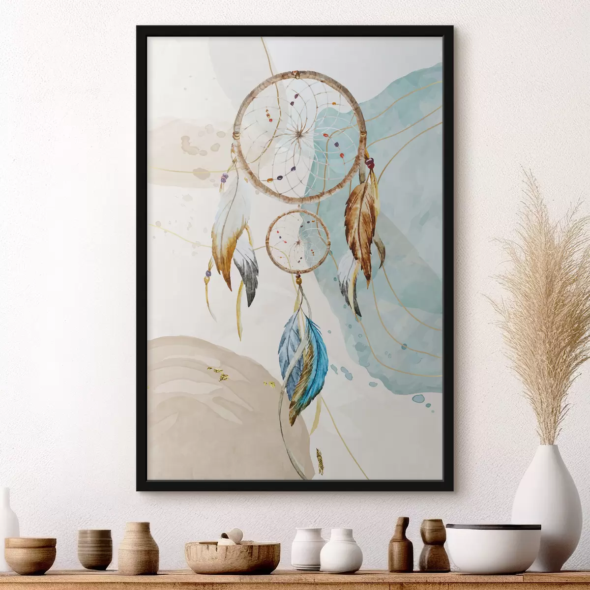 Plakāts akvarelis, sapņu ķērājs, spalvas, pastelis f38330