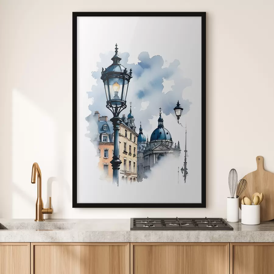 Fototapetes Grezna ielas lampa ar kupolveida ēku mākoņainā dienā f38364