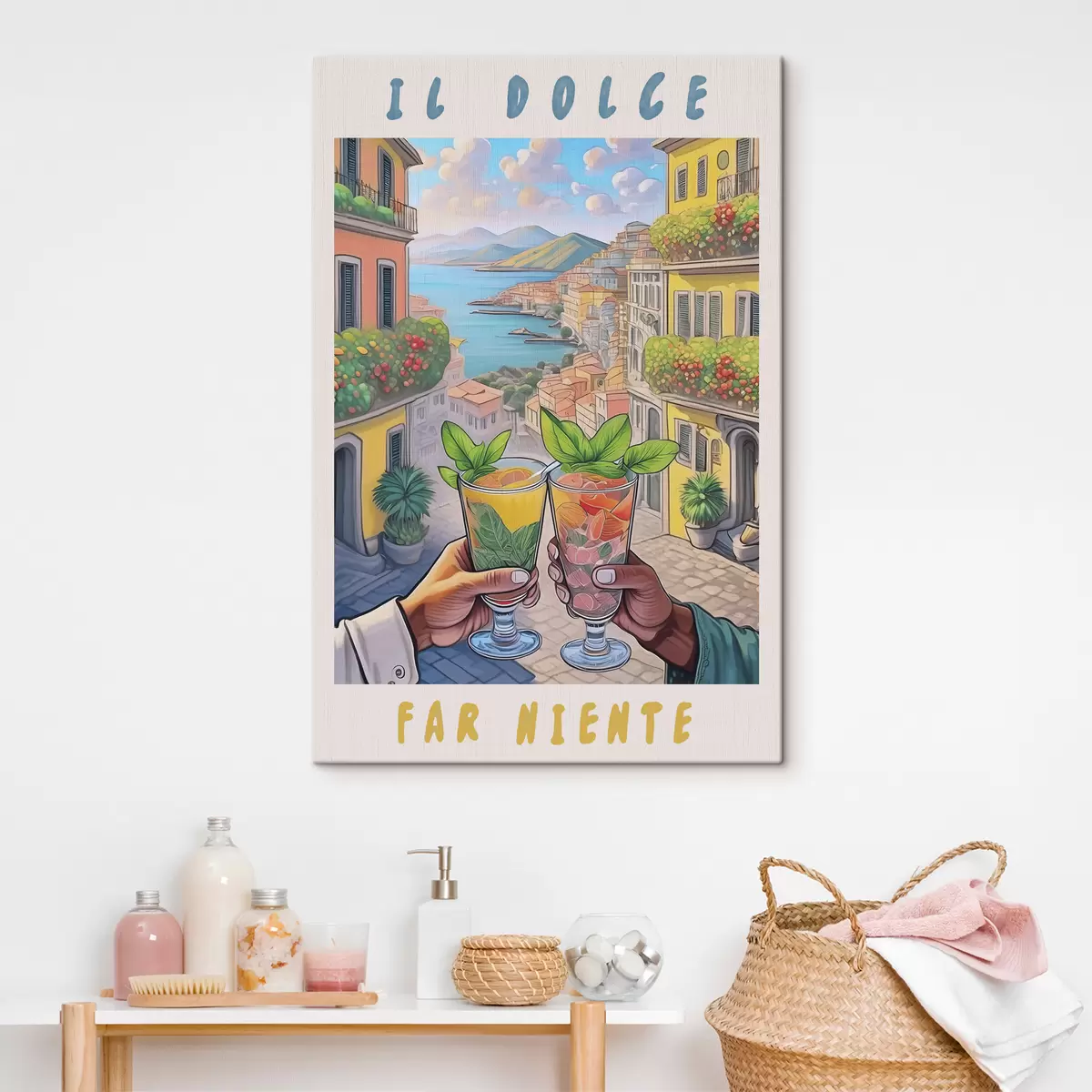 Glezna Itālijas pilsēta, jūras piekraste, kokteiļi, aicinājums, arhitektūra, vasara, akvarelis  s38392