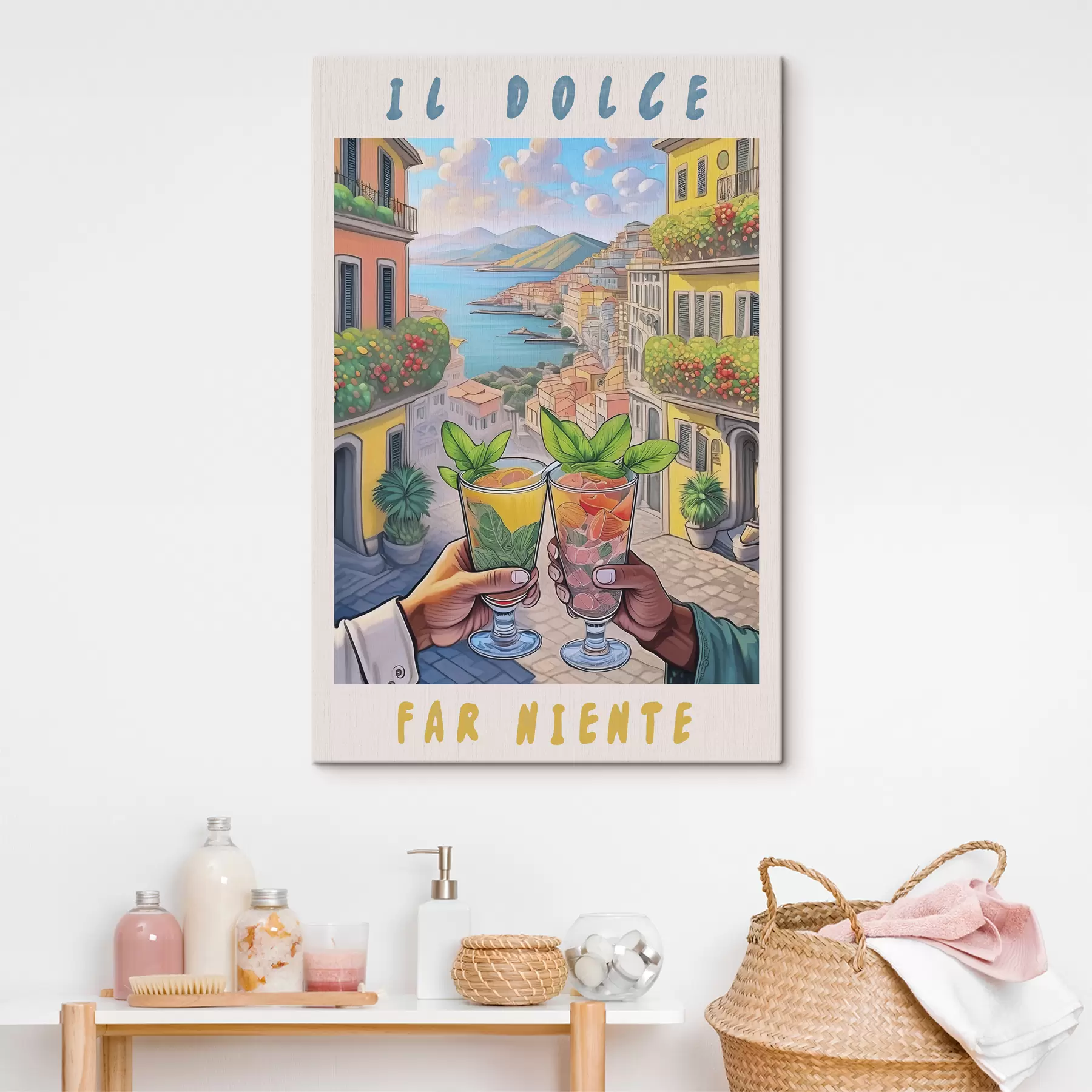 Fototapetes Itālijas pilsēta, jūras piekraste, kokteiļi, aicinājums, arhitektūra, vasara, akvarelis  s38392