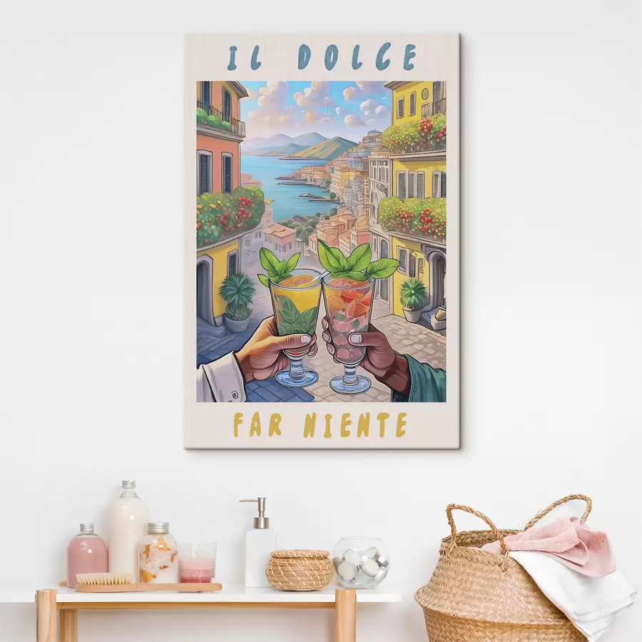 Glezna Itālijas pilsēta, jūras piekraste, kokteiļi, aicinājums, arhitektūra, vasara, akvarelis  s38392