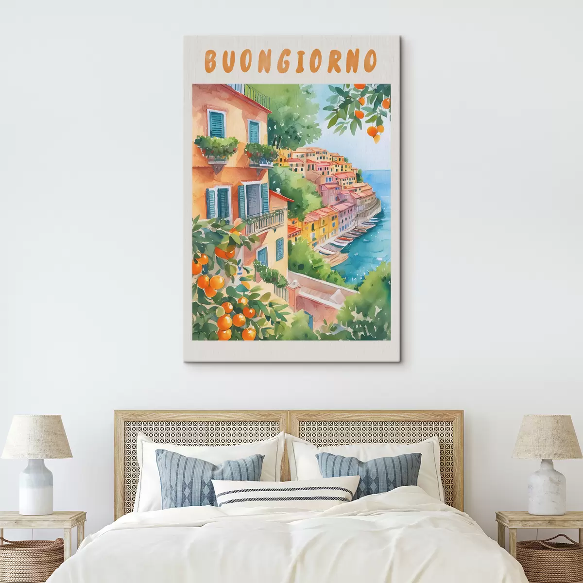 Glezna Itālijas pilsētas arhitektūra, Amalfi jūras piekraste, vasara, akvarelis, citronkoks s38393