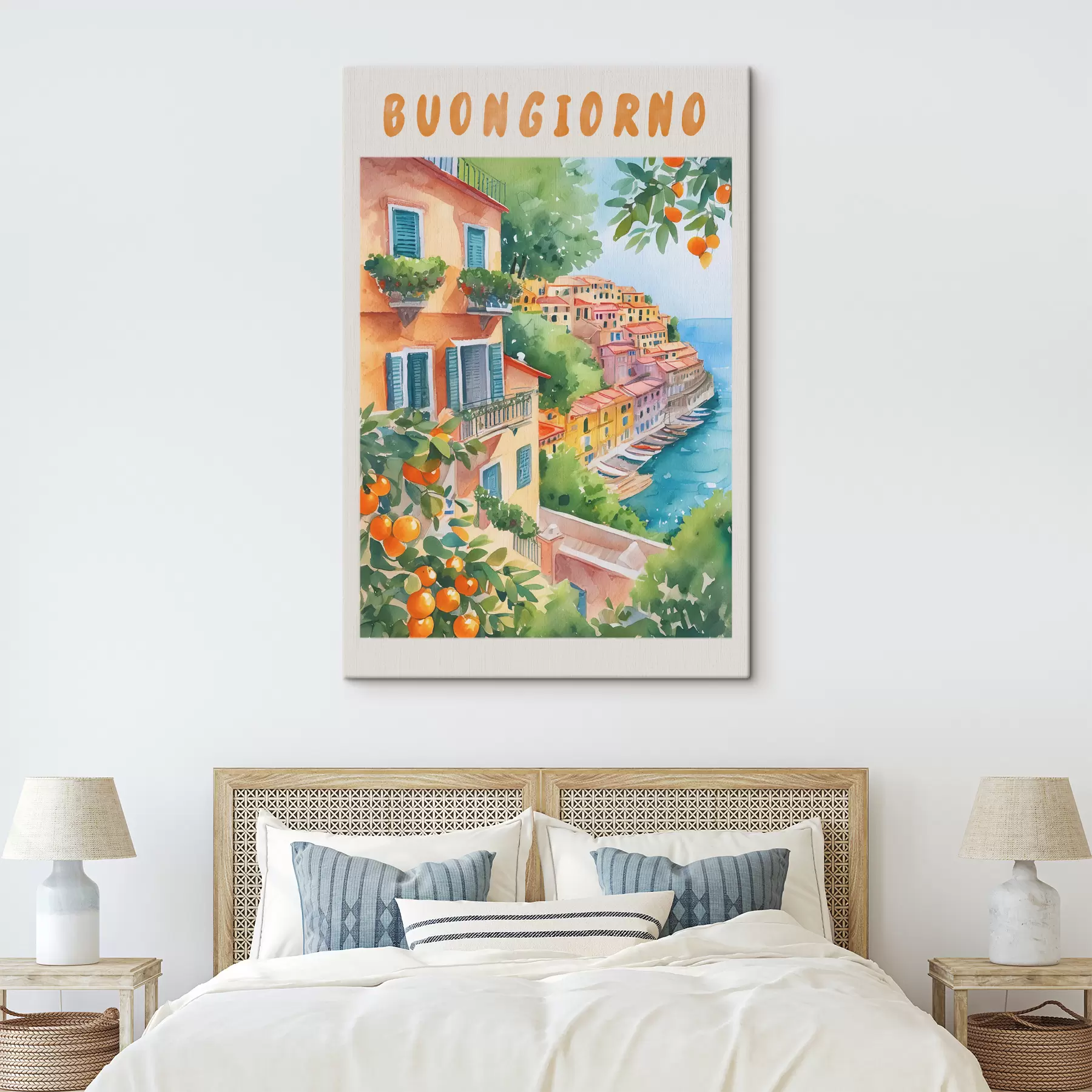 Glezna Itālijas pilsētas arhitektūra, Amalfi jūras piekraste, vasara, akvarelis, citronkoks s38393