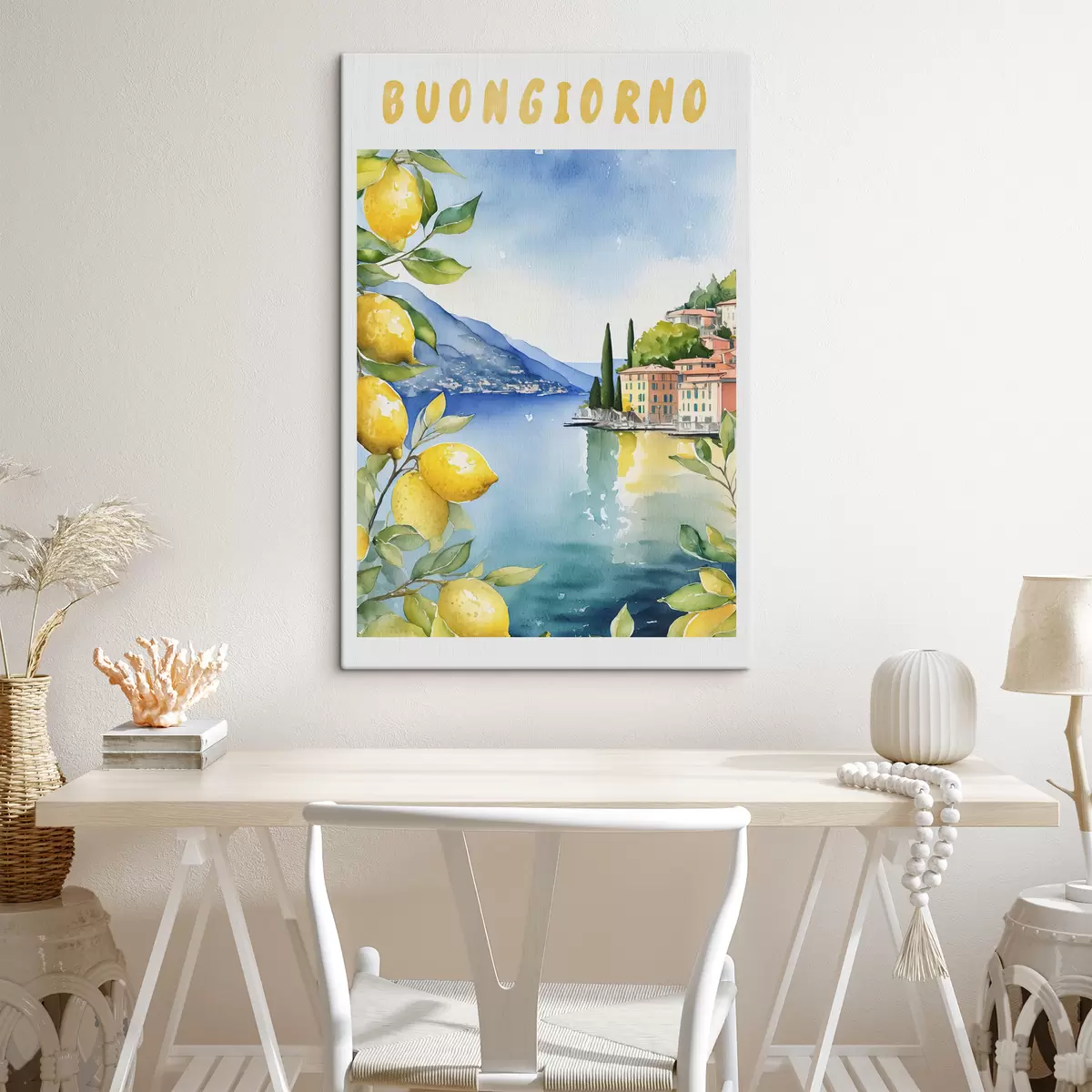 Glezna Itālijas ezers, vasara, akvarelis, dabas ainava, citroni, pilsētas arhitektūra  s38394