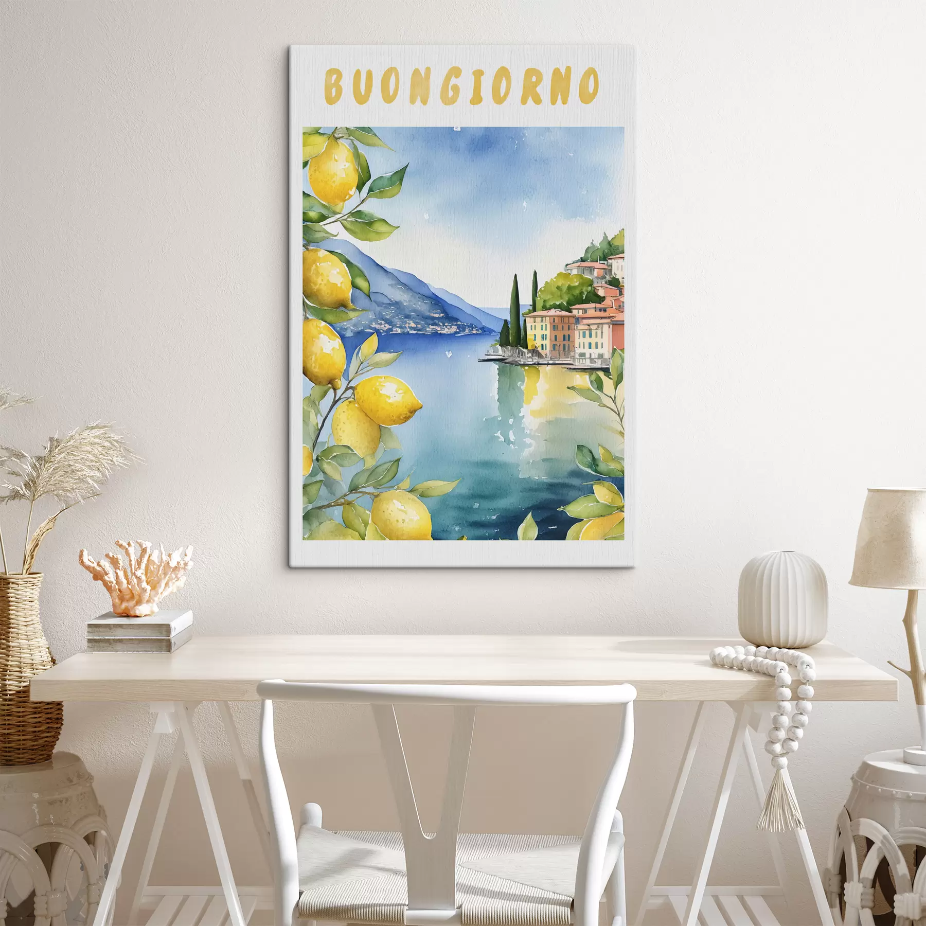 Glezna Itālijas ezers, vasara, akvarelis, dabas ainava, citroni, pilsētas arhitektūra  s38394