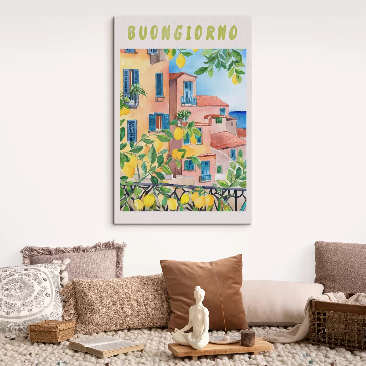 Glezna Itālijas pilsētas arhitektūra, jūras piekraste, vasara, akvarelis, citronkoks s38395