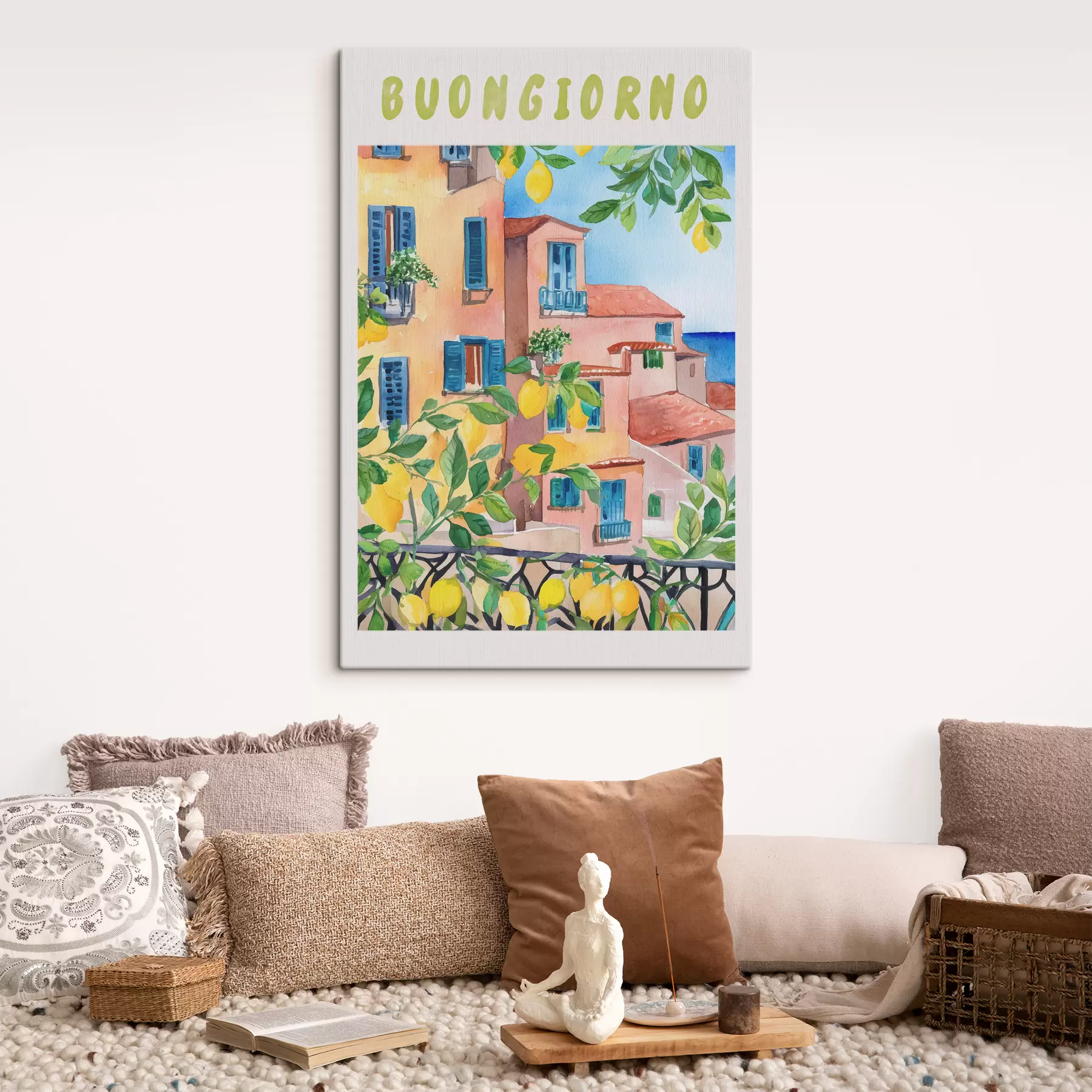 Fototapetes Itālijas pilsētas arhitektūra, jūras piekraste, vasara, akvarelis, citronkoks s38395