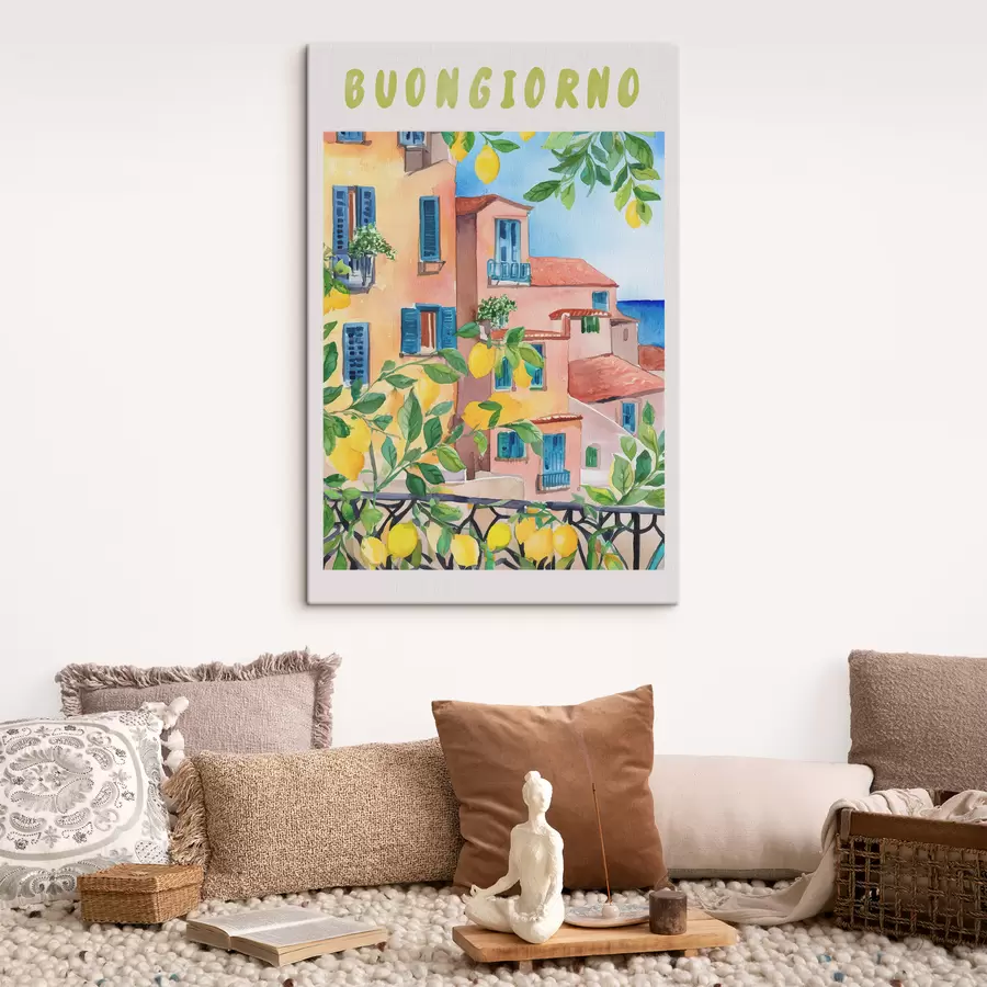 Glezna Itālijas pilsētas arhitektūra, jūras piekraste, vasara, akvarelis, citronkoks s38395