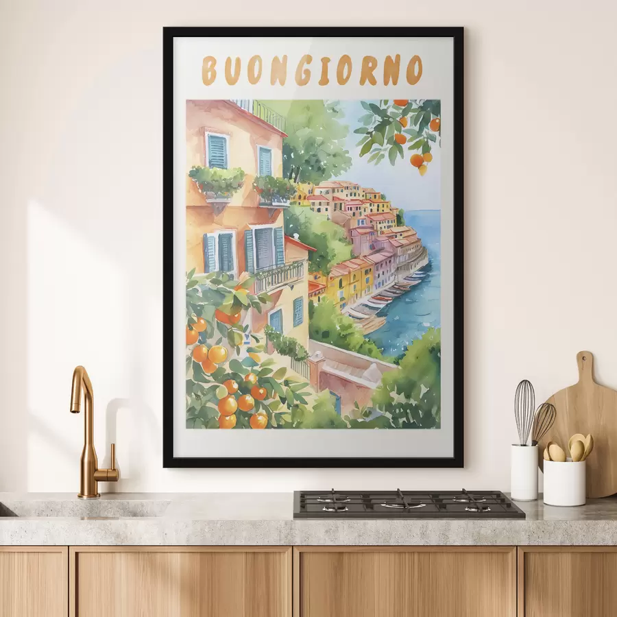 Glezna Itālijas pilsētas arhitektūra, Amalfi jūras piekraste, vasara, akvarelis, citronkoks f38393