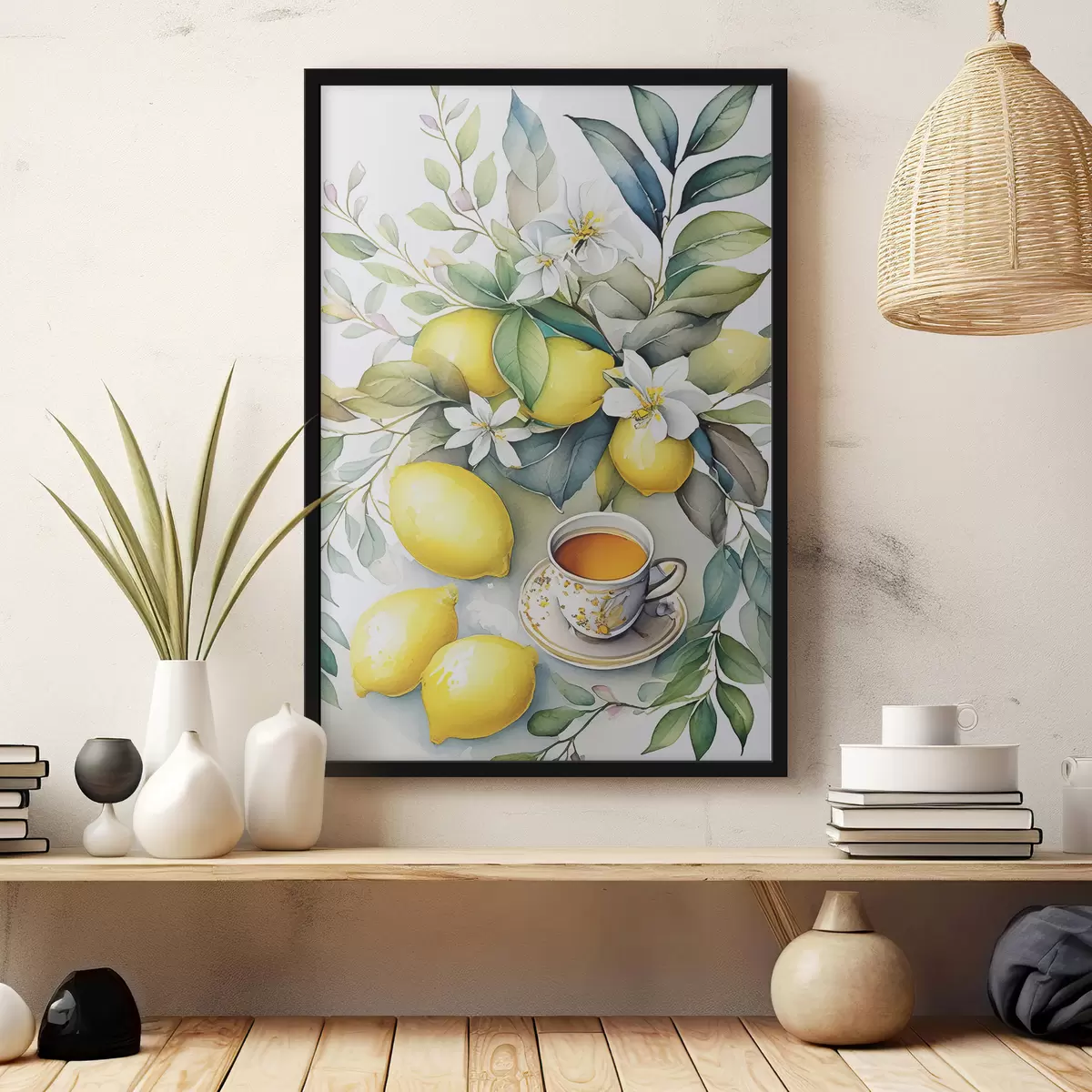 Plakāts Citroni un ziedi, akvarelis, brokastis, tējas tase, bohēmisks stils f38403