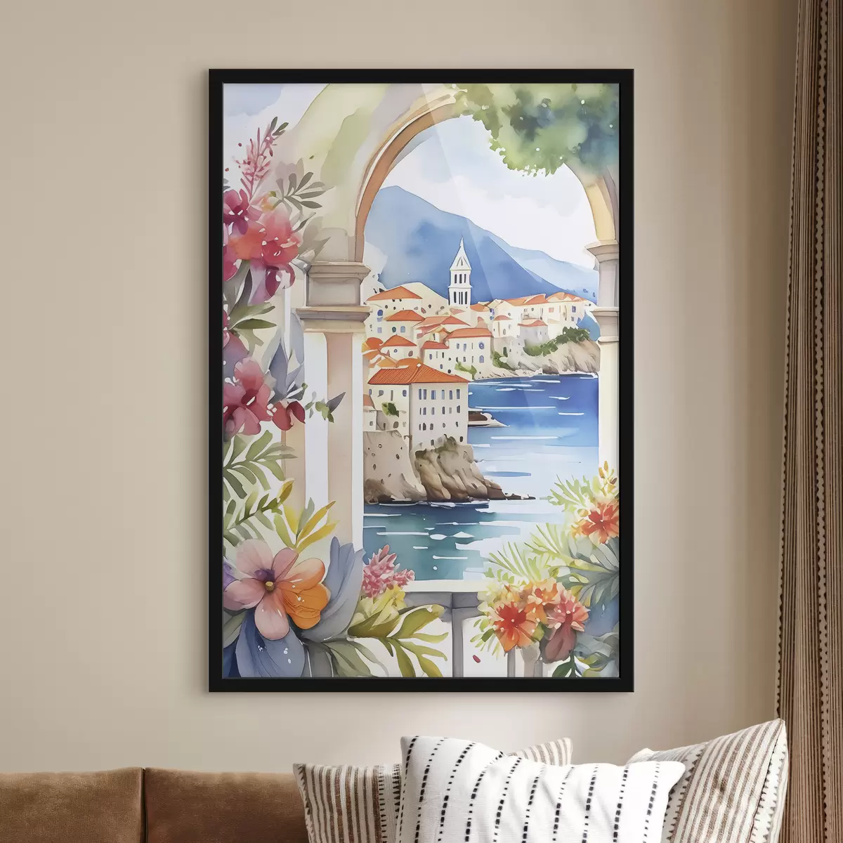 Plakāts Vidusjūras arhitektūra, akvarelis, vasaras ziedi, zila jūra, kalni f38408