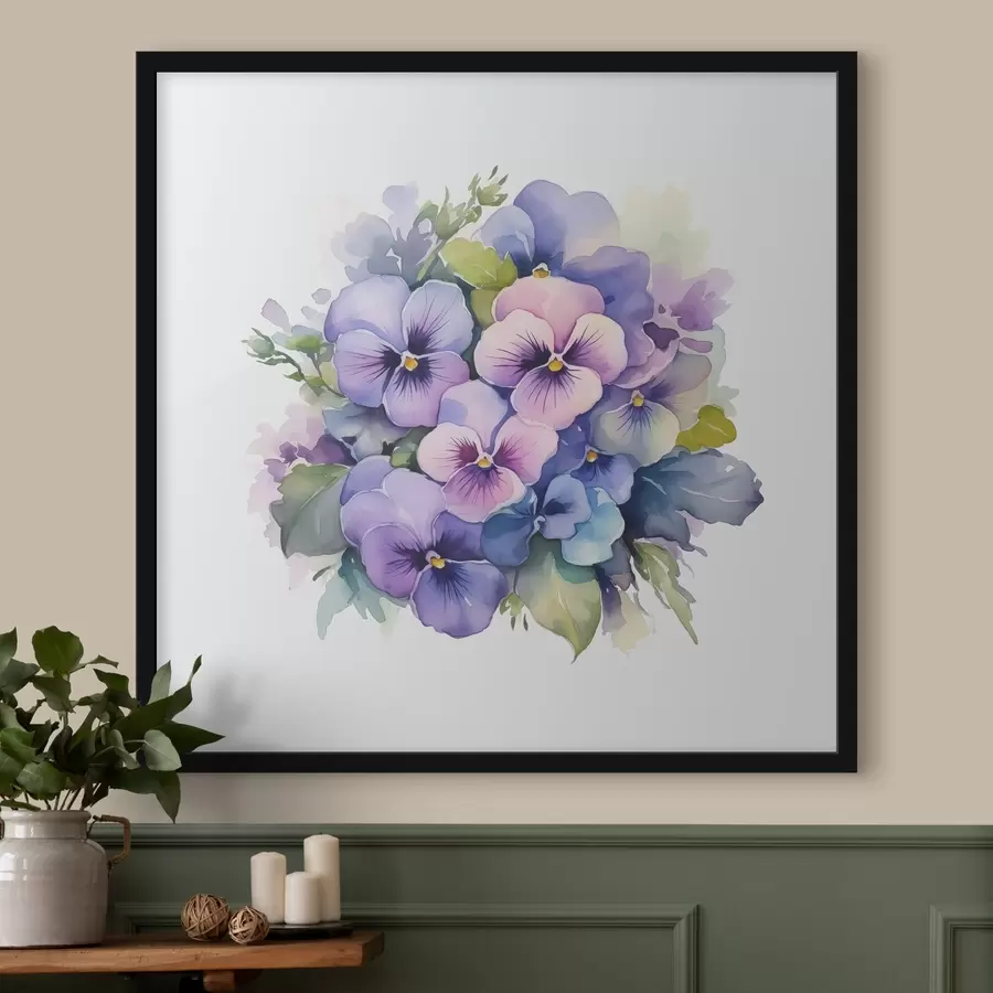Fototapetes Violeta akvareļa ilustrācija, pušķis, ziedi, zila, violeta, zaļa krāsa f38486
