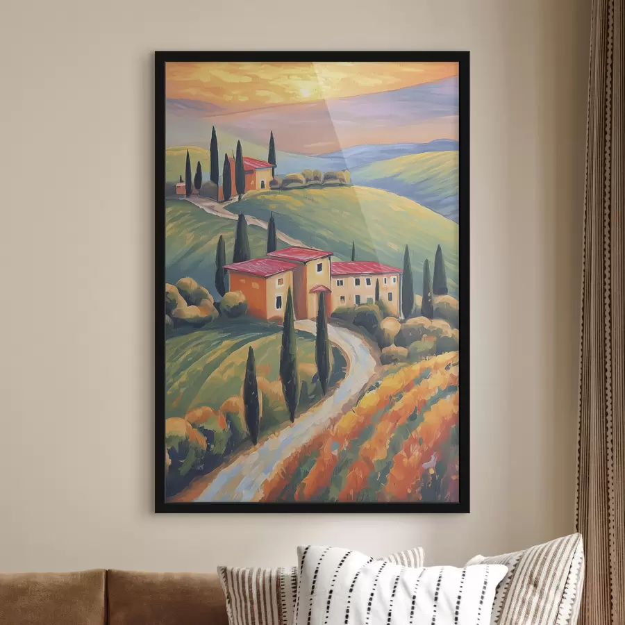 Fototapetes Toskānas ainavas, Itālija, akrila māksla, vecas mājas, lauki, vasara f38488