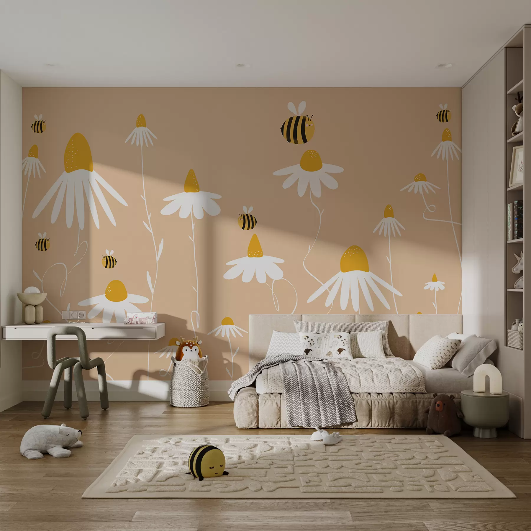 Fototapetes Margrietiņas un bites, lauks, ziedi, zied, kukainis, rozā, dzeltenā un baltā krāsā w00653