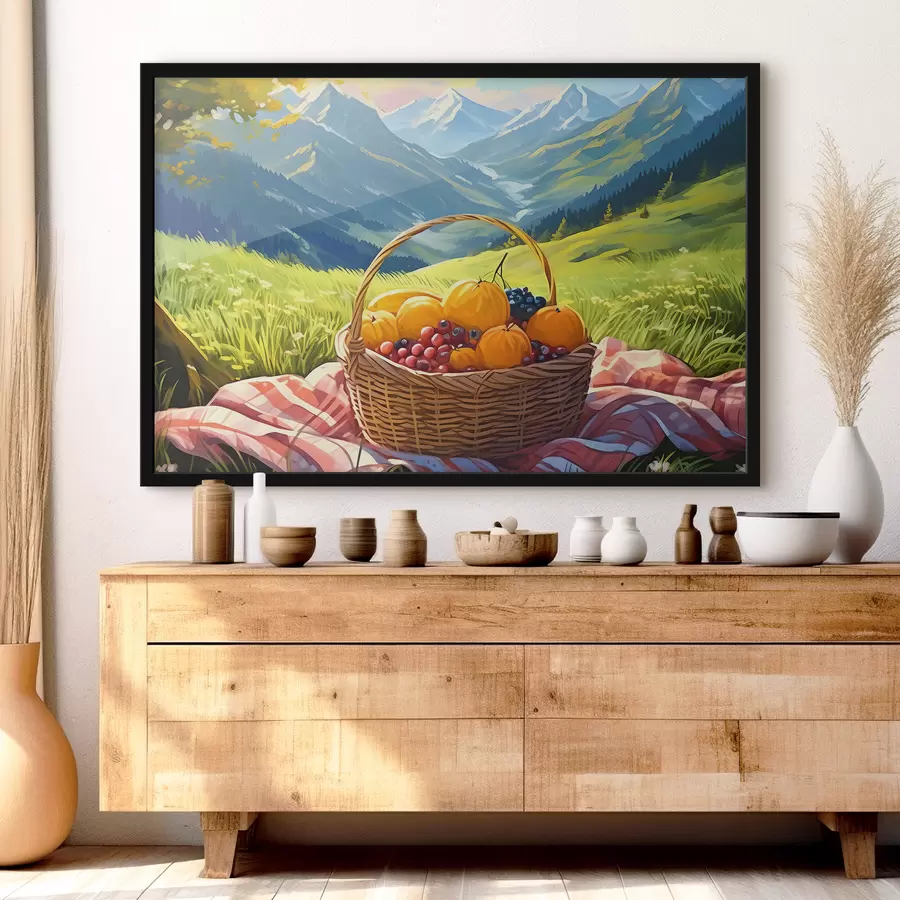 Fototapetes augļu grozs pļavā kalnos f38654