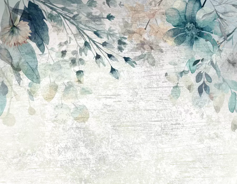 Fototapetes Lieli zili un balti ziedi, lapas un zari pret teksturētu sienu w00697