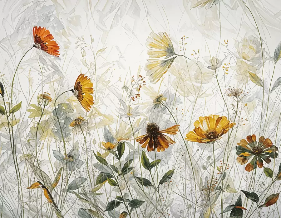 Fototapetes Spilgtu ziedu lauks uz maiga, miglaina fona ar maigiem baltiem ziediem un mīkstu zāli w00708