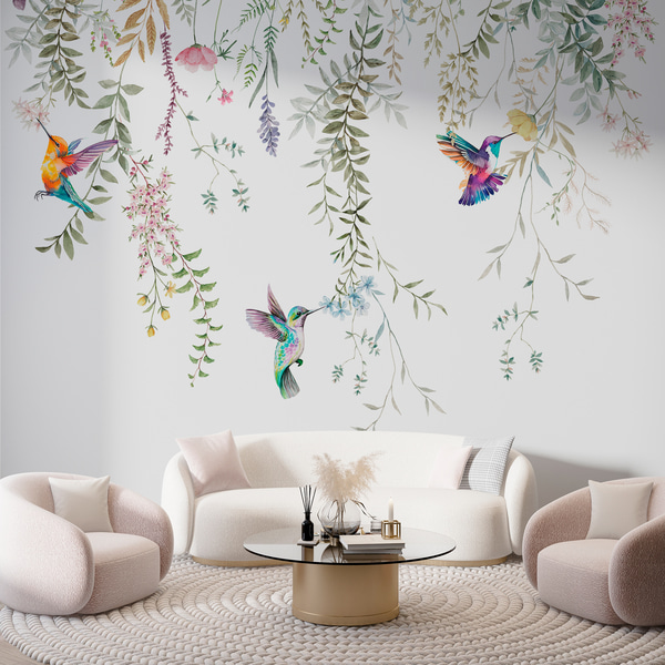 Tapetes Piekārti ziedi un lapas un skaisti kolibri, Fototapetes akvareļi, w00660 : uwalls.lv
