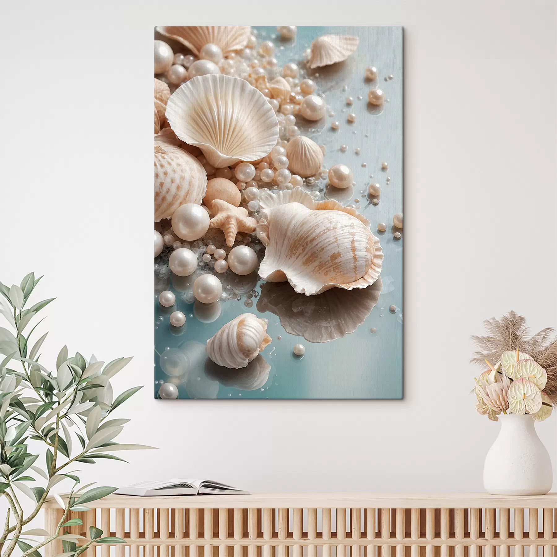 Fototapetes Jūras gliemežvāku un pērļu asorti uz gaiši zila fona s38769