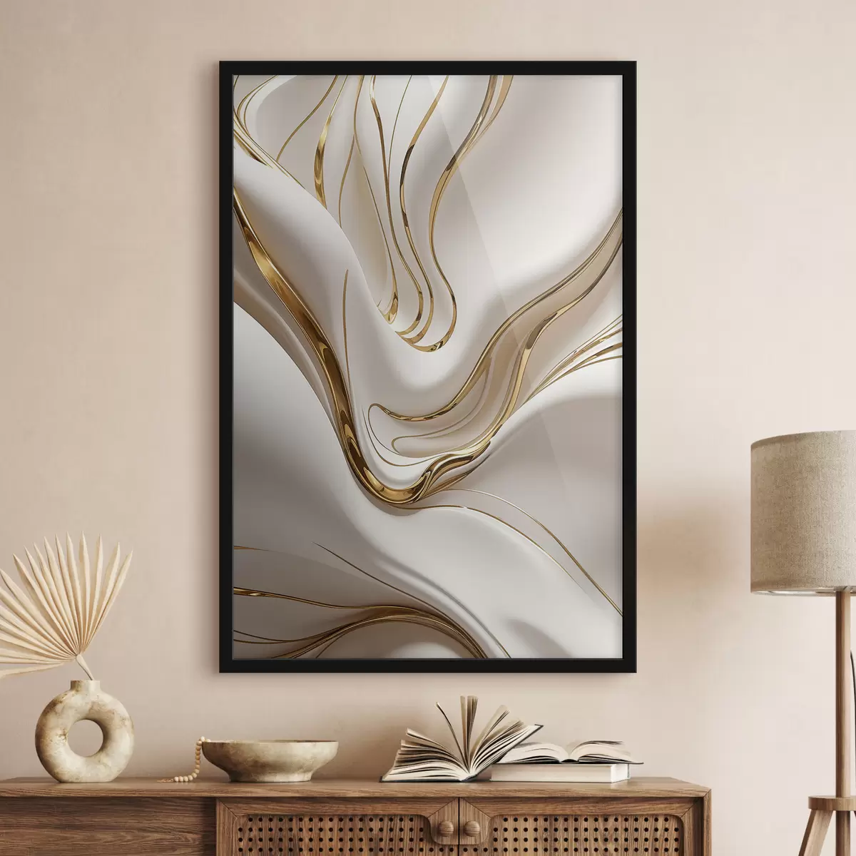 Plakāts Plūstošas un baltas abstraktas formas, kas atgādina šķidru vai kausētu metālu, dinamiska kompozīcija f38767