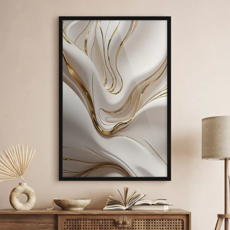 Fototapetes Plūstošas un baltas abstraktas formas, kas atgādina šķidru vai kausētu metālu, dinamiska kompozīcija f38767