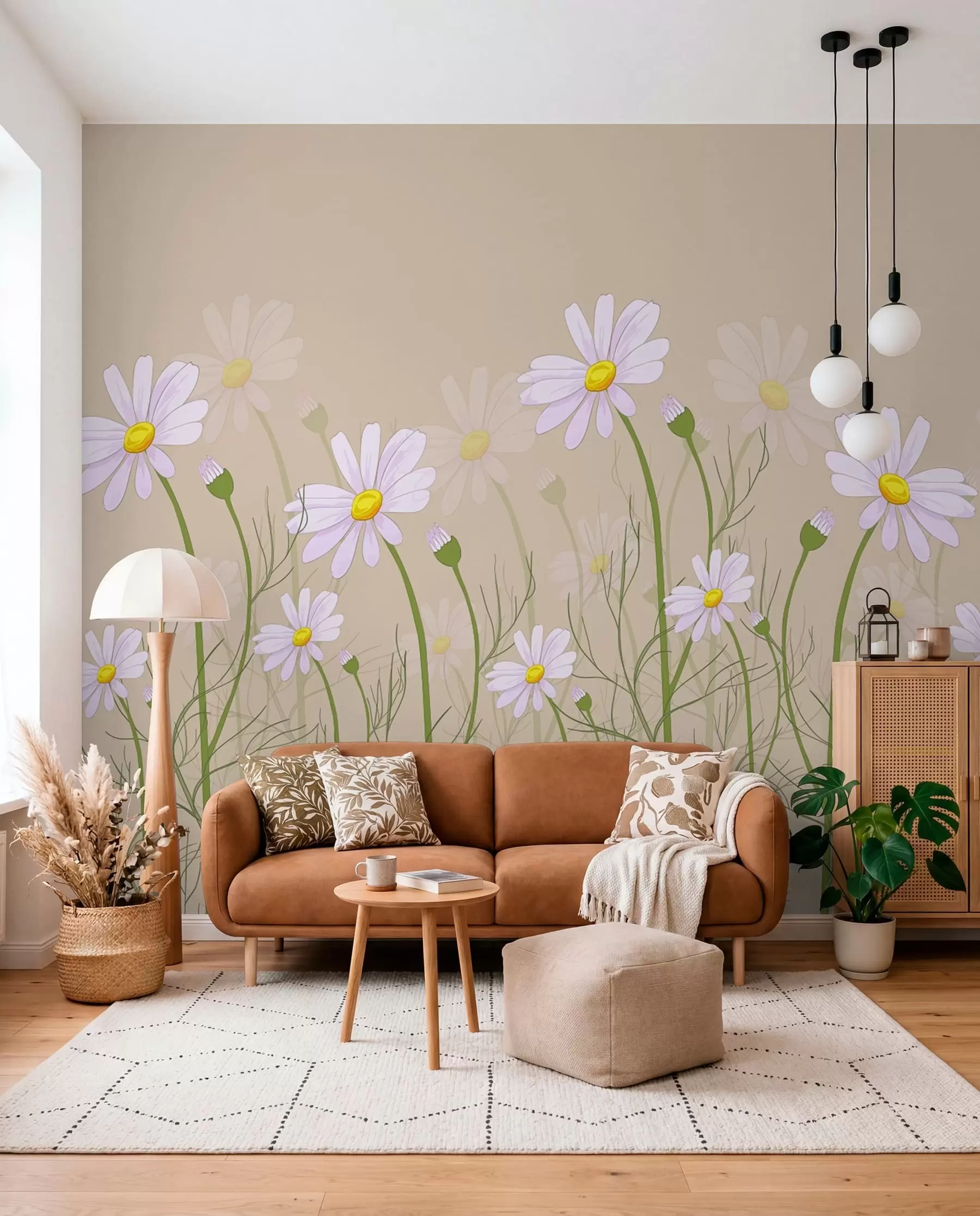 Fototapetes lielas margrietiņas uz bēša fona w00802
