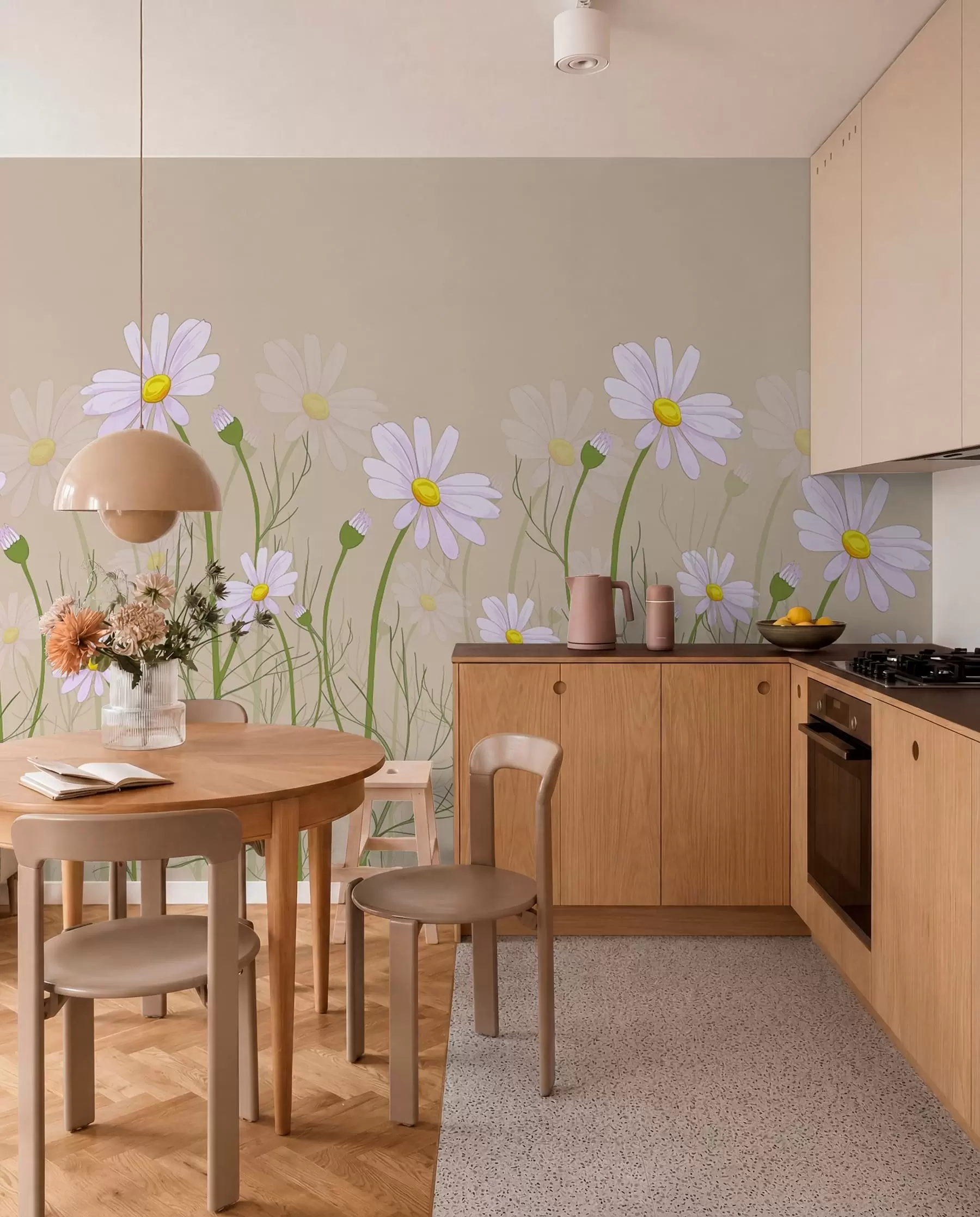 Fototapetes lielas margrietiņas uz bēša fona w00802