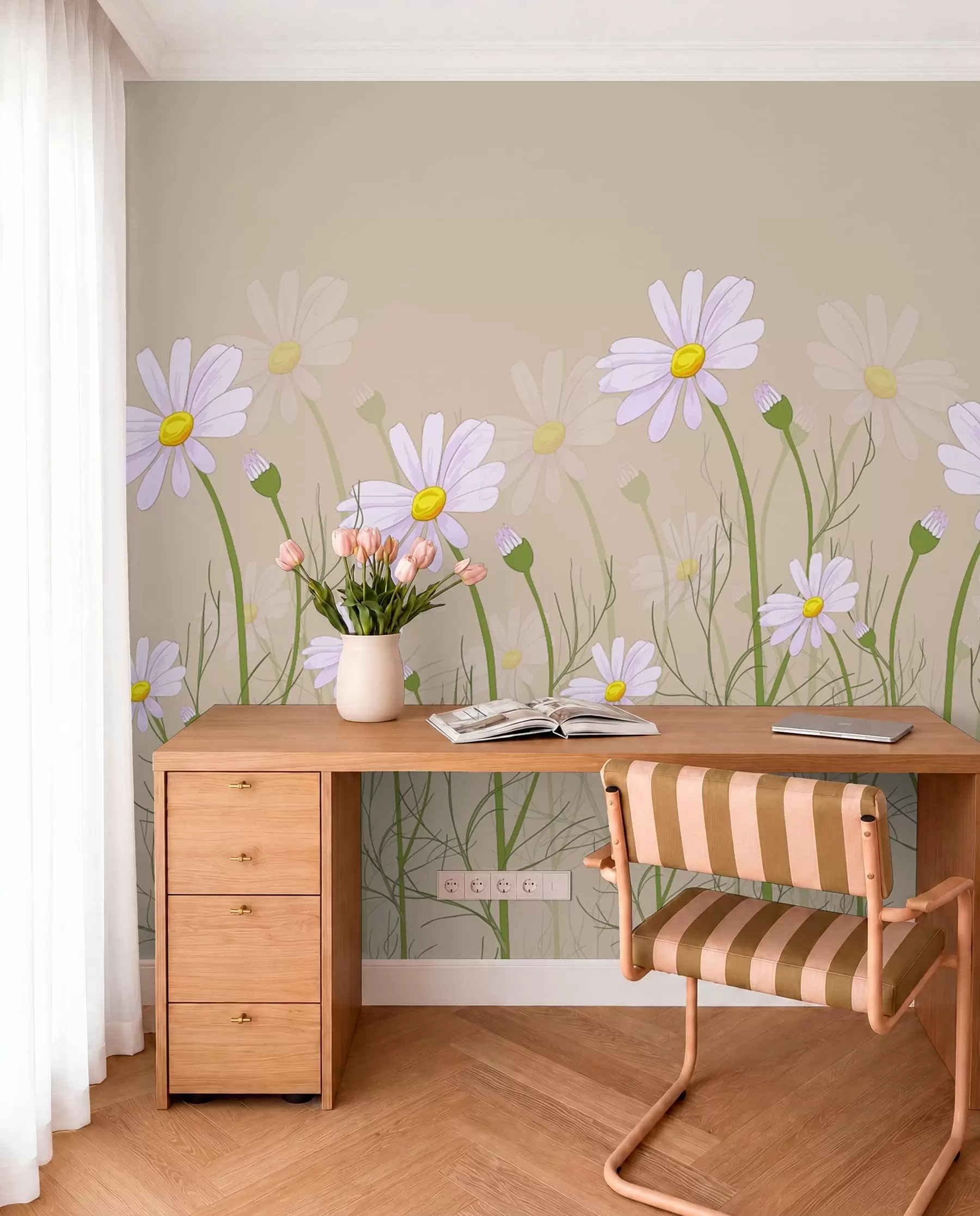 Fototapetes lielas margrietiņas uz bēša fona w00802