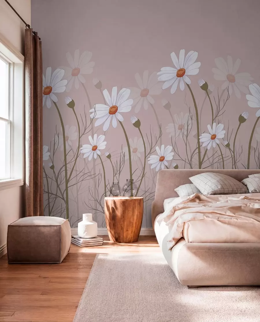Fototapetes lielas margrietiņas uz rozā fona w00802v1