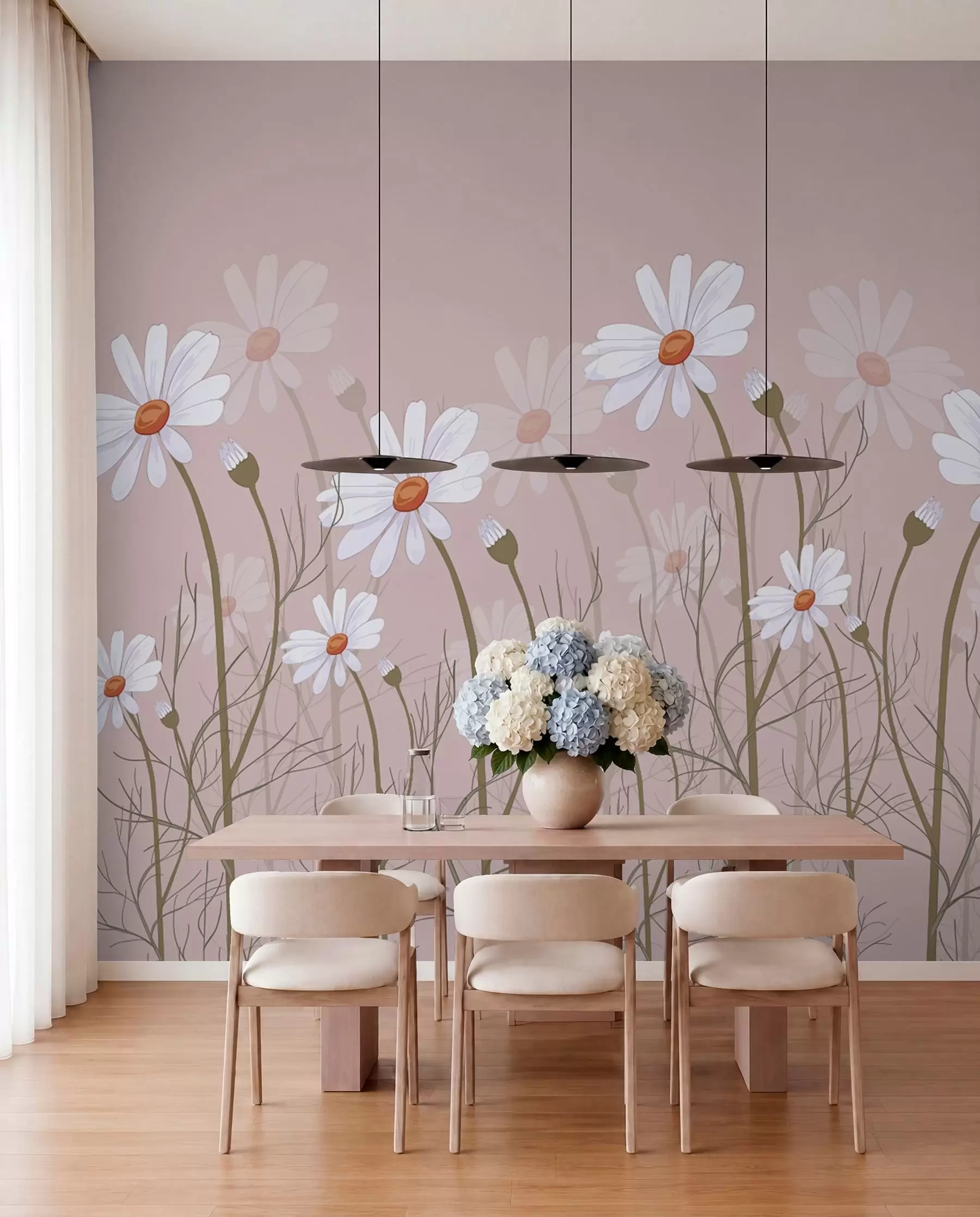 Fototapetes lielas margrietiņas uz rozā fona w00802v1