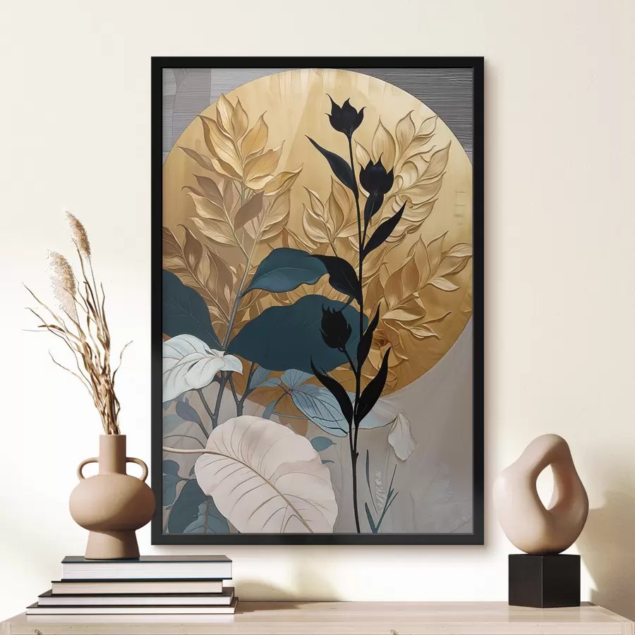 Fototapetes Abstrakta ziedu kompozīcija ar lielām lapām un tumšām formām f38822