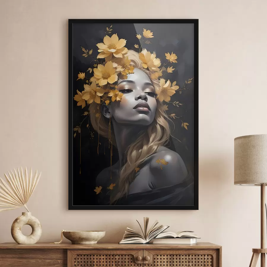 Fototapetes Jaunas sievietes portrets, ko ieskauj dzeltenā rudens lapas uz tumša fona f38834