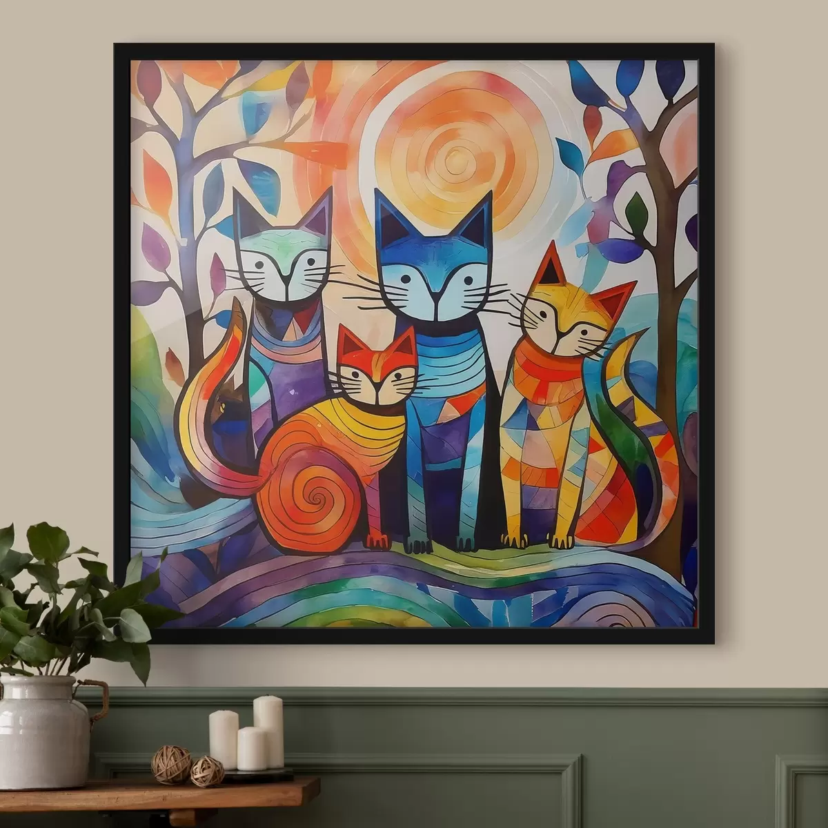 Plakāts Daudzkrāsaina abstrakcija ar interesantiem kaķiem f38815