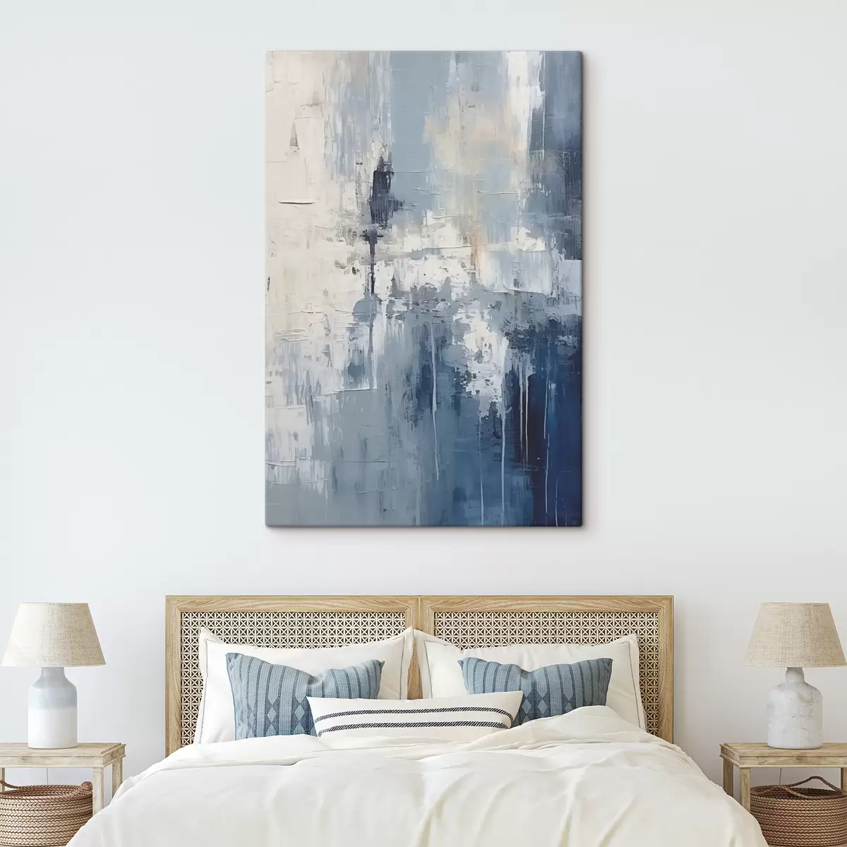 Glezna Abstrakta minimālisma eļļas glezna, berzēta, ģeometriska, traipu, zilā un baltā krāsā s38906