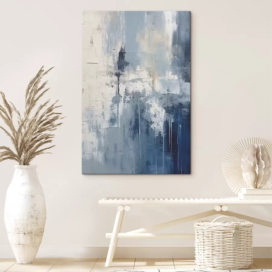 Glezna Abstrakta minimālisma eļļas glezna, berzēta, ģeometriska, traipu, zilā un baltā krāsā s38906